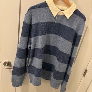 Polo by Ralph Lauren Striped Blue & Cream Polo Rugby Sweater 100% Wool XL